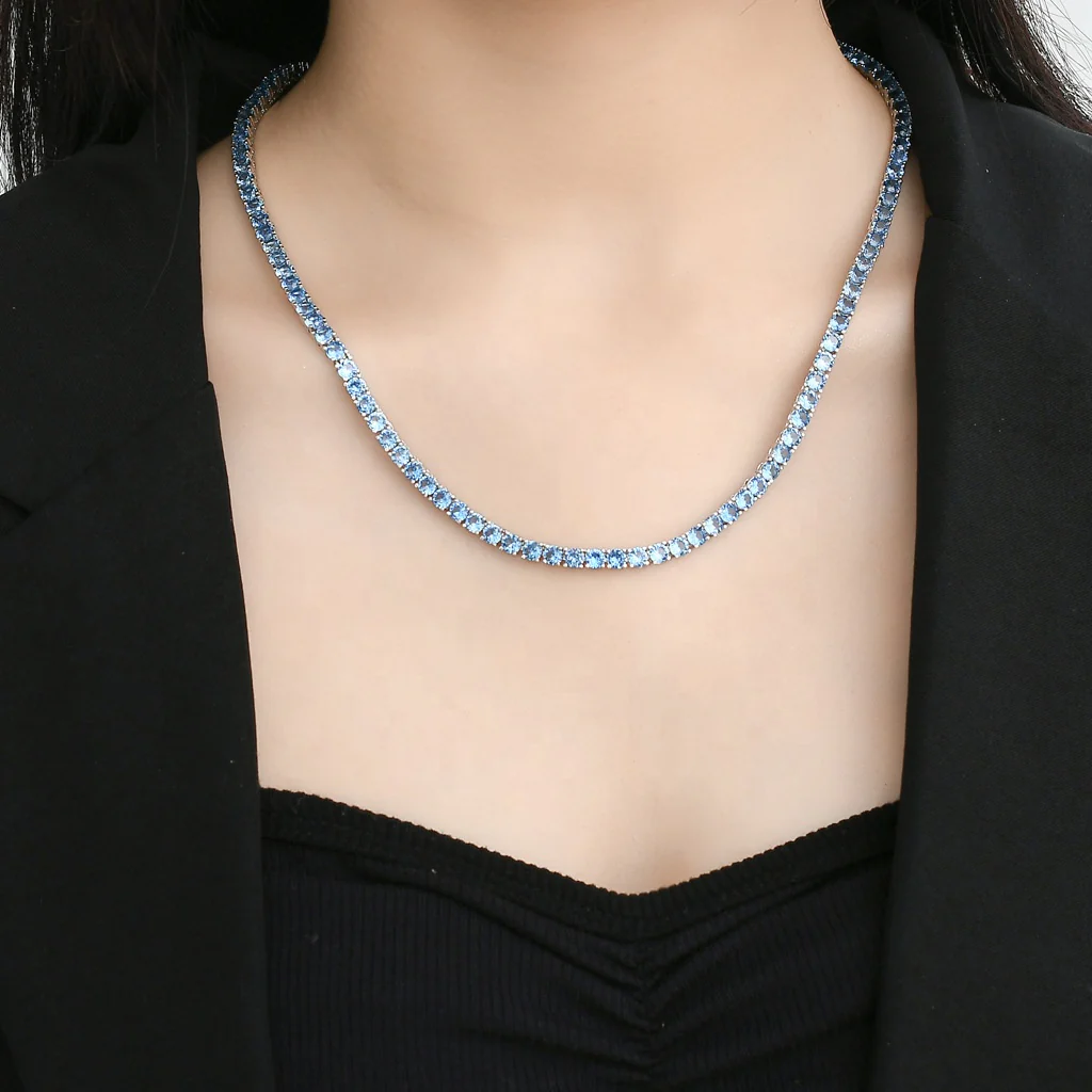 BLUE MOISSANITE DIAMOND TENNIS CHAIN NECKLACE/BRACELET IN STERLING SILVER - Image 2