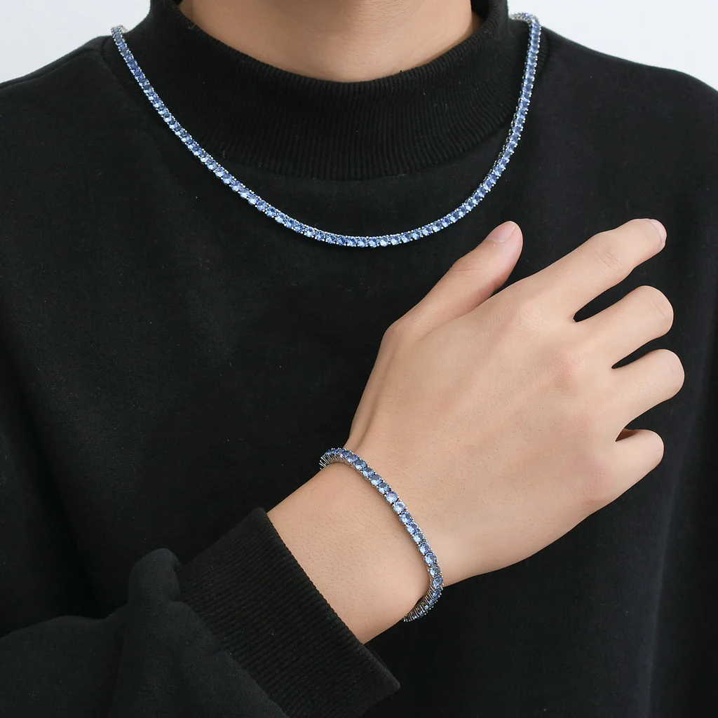 BLUE MOISSANITE DIAMOND TENNIS CHAIN NECKLACE/BRACELET IN STERLING SILVER - Image 3