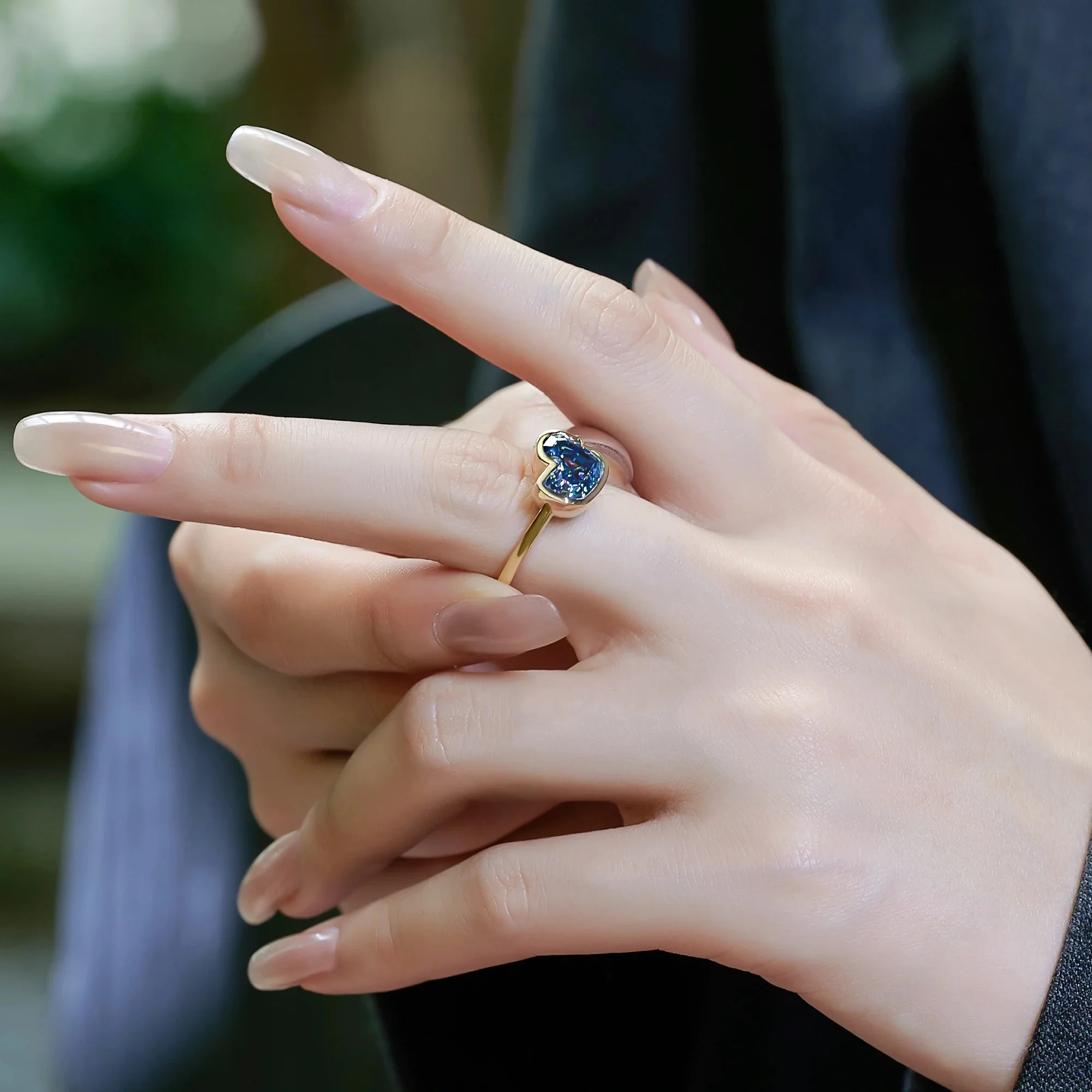 BLUE MOISSANITE DUCK CUT ENGAGEMENT RING IN SOLID GOLD - Image 5