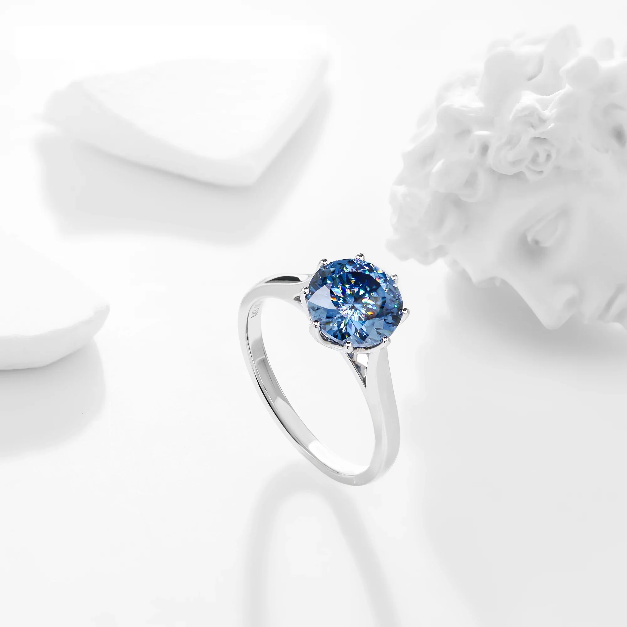 BLUE MOISSANITE PORTUGUESE CUT SOLITAIRE ENGAGEMENT RING IN SOLID GOLD - Image 3