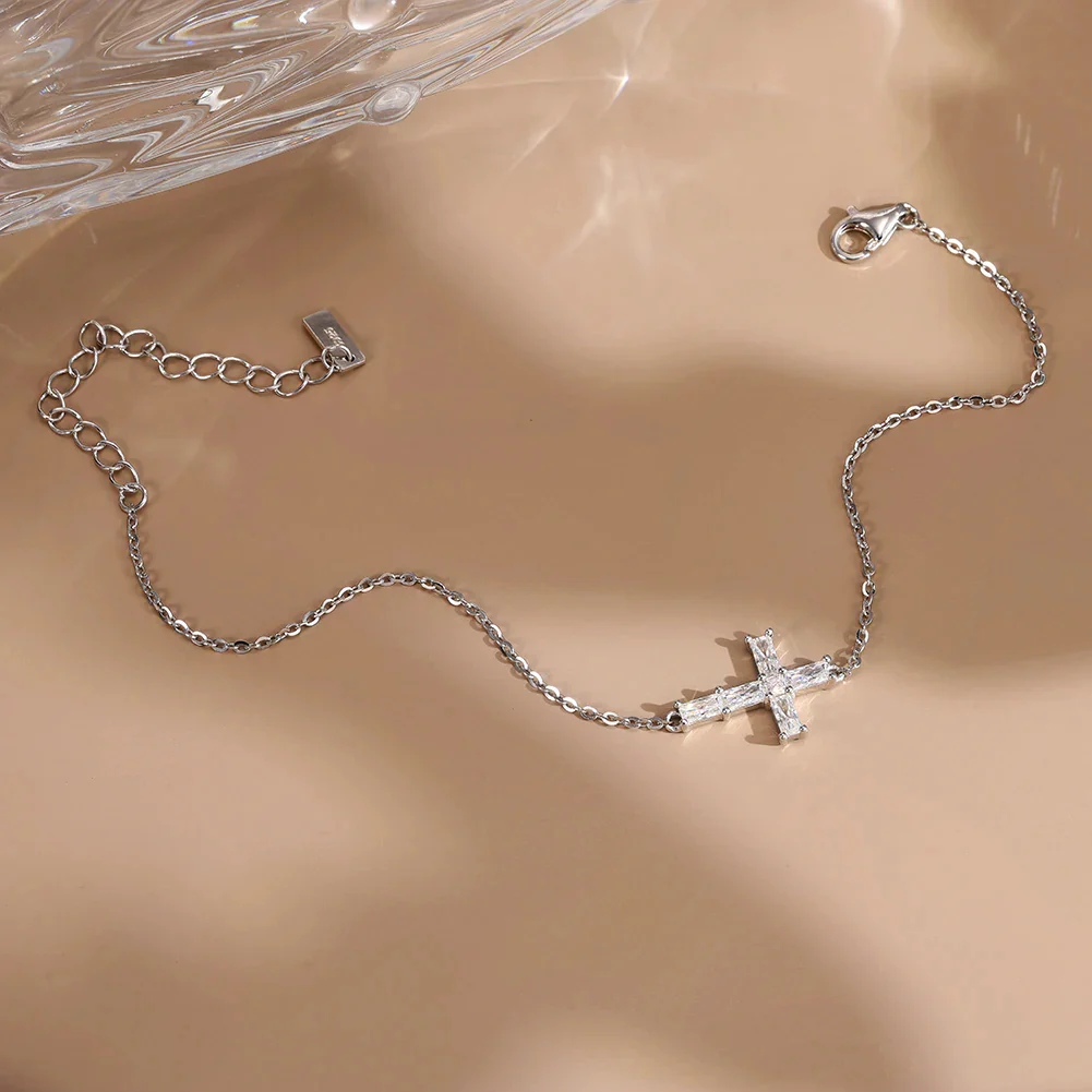 CLASSIC MOISSANITE CROSS CHAIN BRACELET IN STERLING SILVER - Image 4