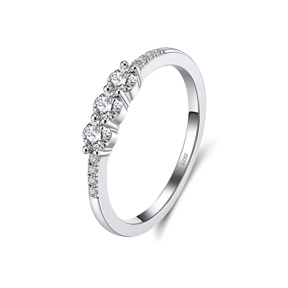CLASSIC ROUND MOISSANITE THREE-STONE BAND RING IN STERLING SILVER - Image 5