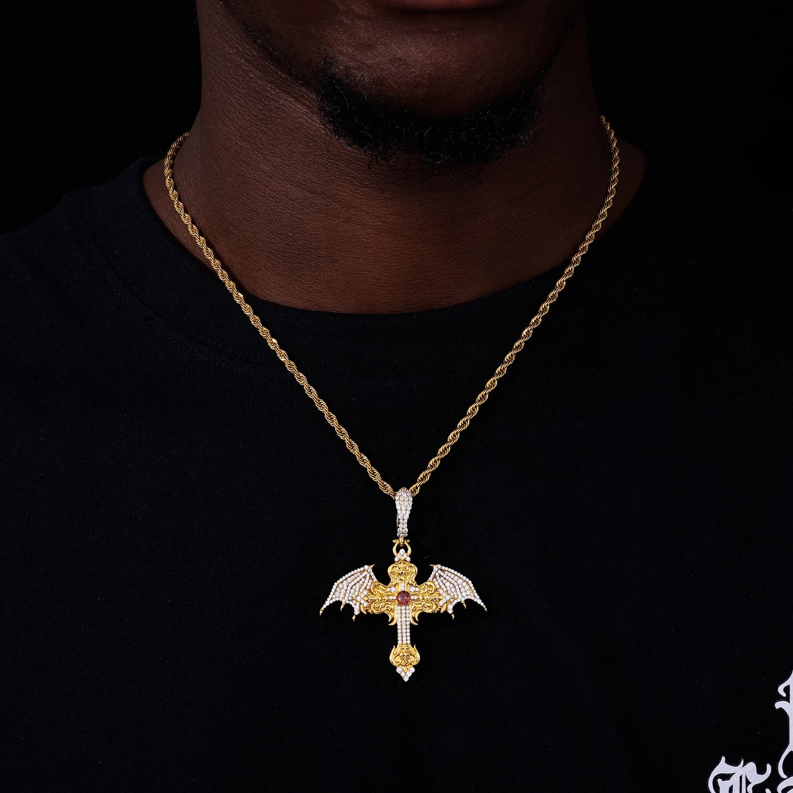 CRIMSON DOMINION WINGED CROSS MOISSANITE PENDANT IN STERLING SILVER - Image 2
