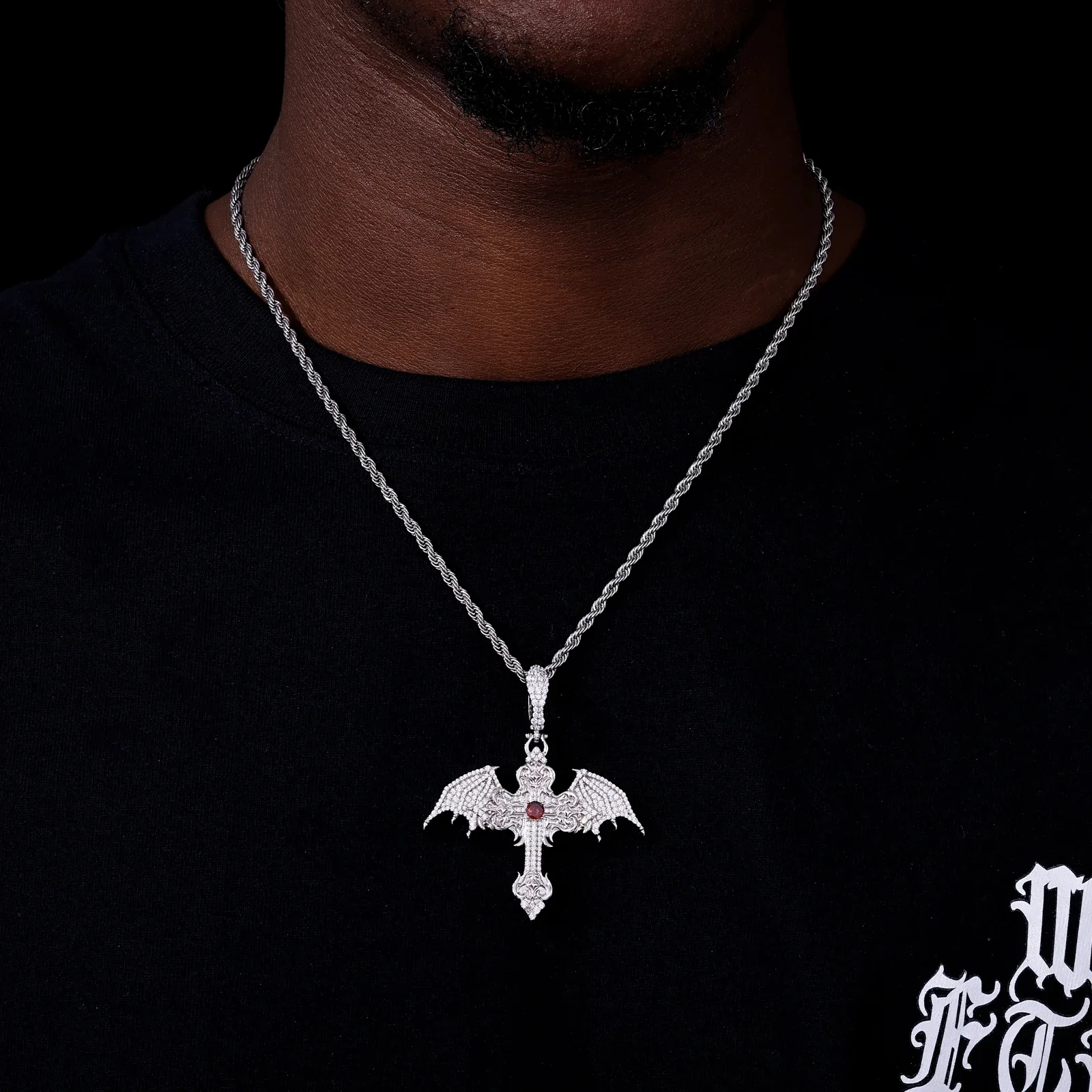 CRIMSON DOMINION WINGED CROSS MOISSANITE PENDANT IN STERLING SILVER - Image 4