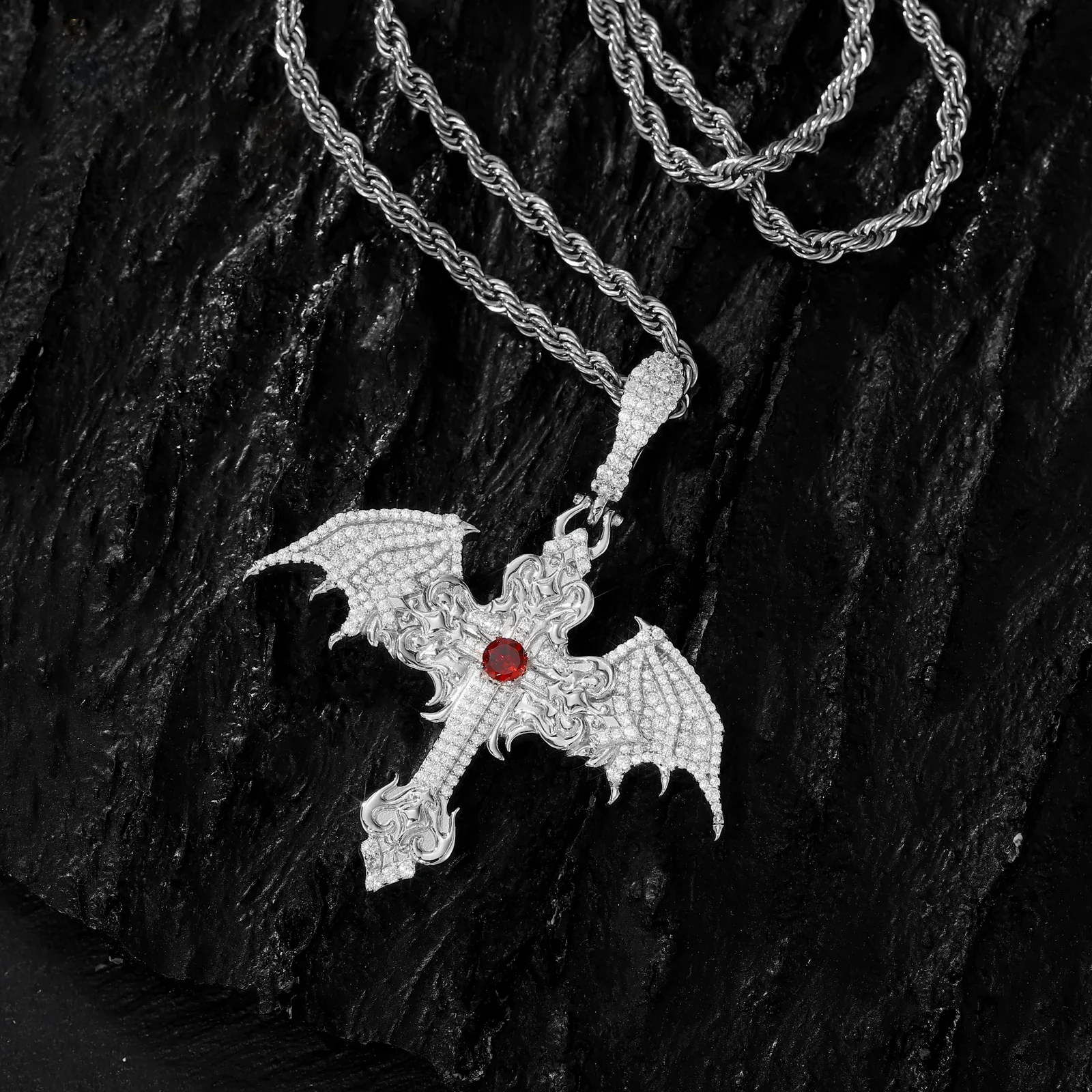 CRIMSON DOMINION WINGED CROSS MOISSANITE PENDANT IN STERLING SILVER - Image 5