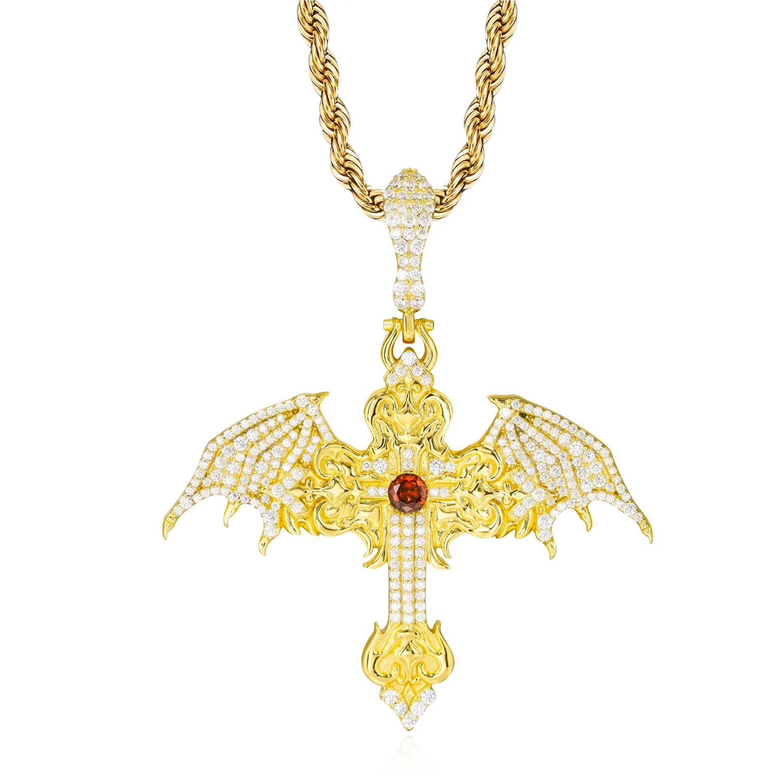 CRIMSON DOMINION WINGED CROSS MOISSANITE PENDANT IN STERLING SILVER - Image 7