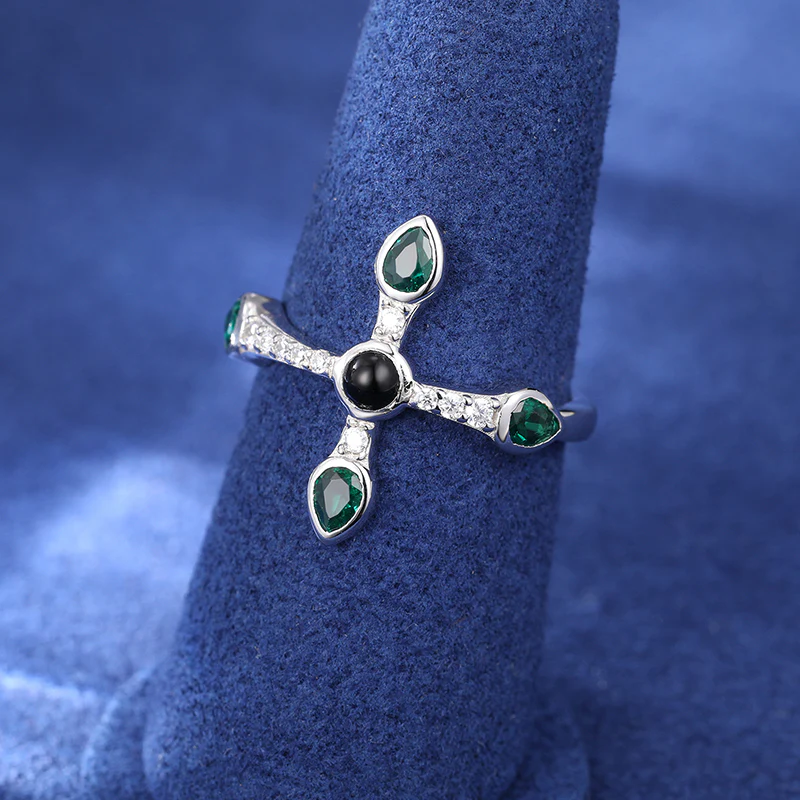 CROSS MOISSANITE DIAMOND WITH GREEN ZIRCONIA RING IN STERLING SILVER - Image 3