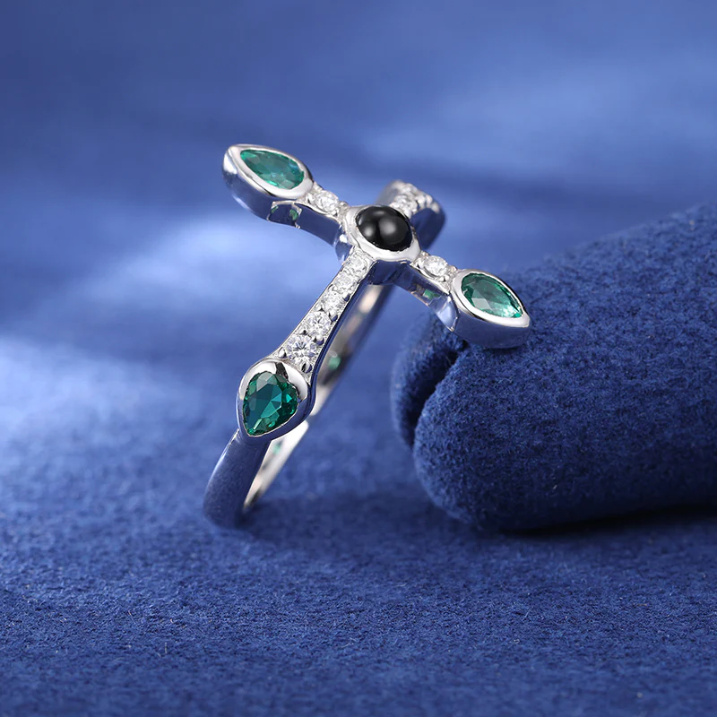 CROSS MOISSANITE DIAMOND WITH GREEN ZIRCONIA RING IN STERLING SILVER - Image 4