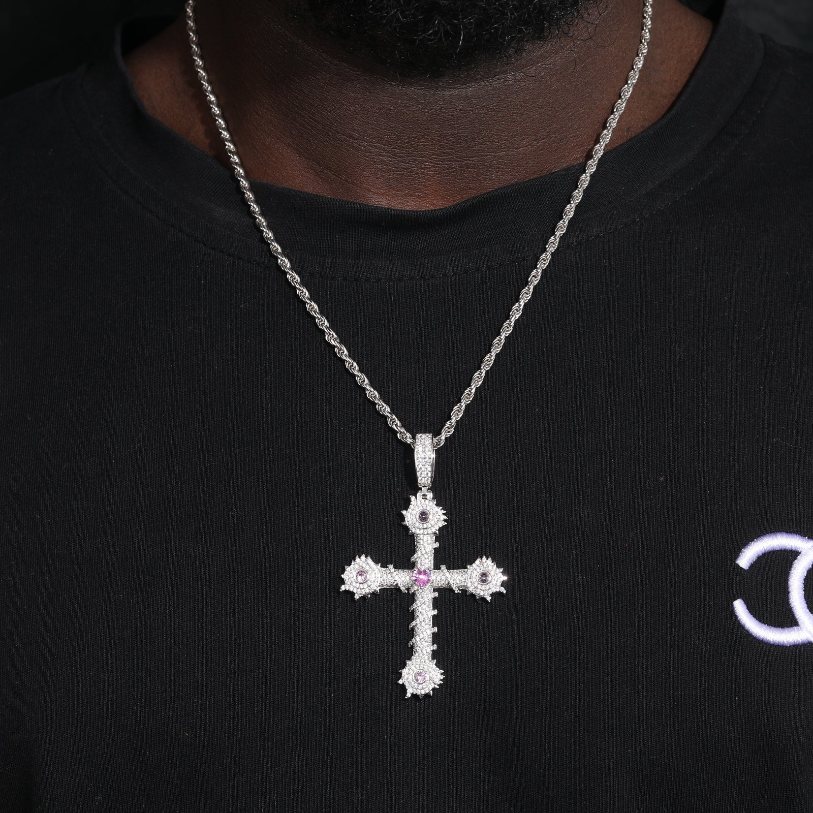 CROSS MOISSANITE THORN PINK CZ PENDANT IN STERLING SILVER - Image 2