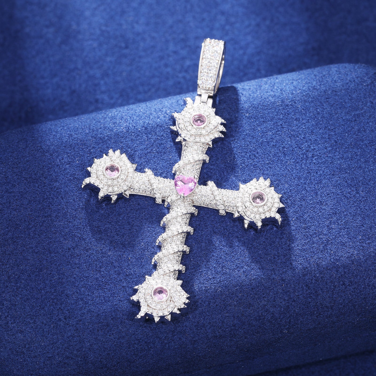 CROSS MOISSANITE THORN PINK CZ PENDANT IN STERLING SILVER - Image 4