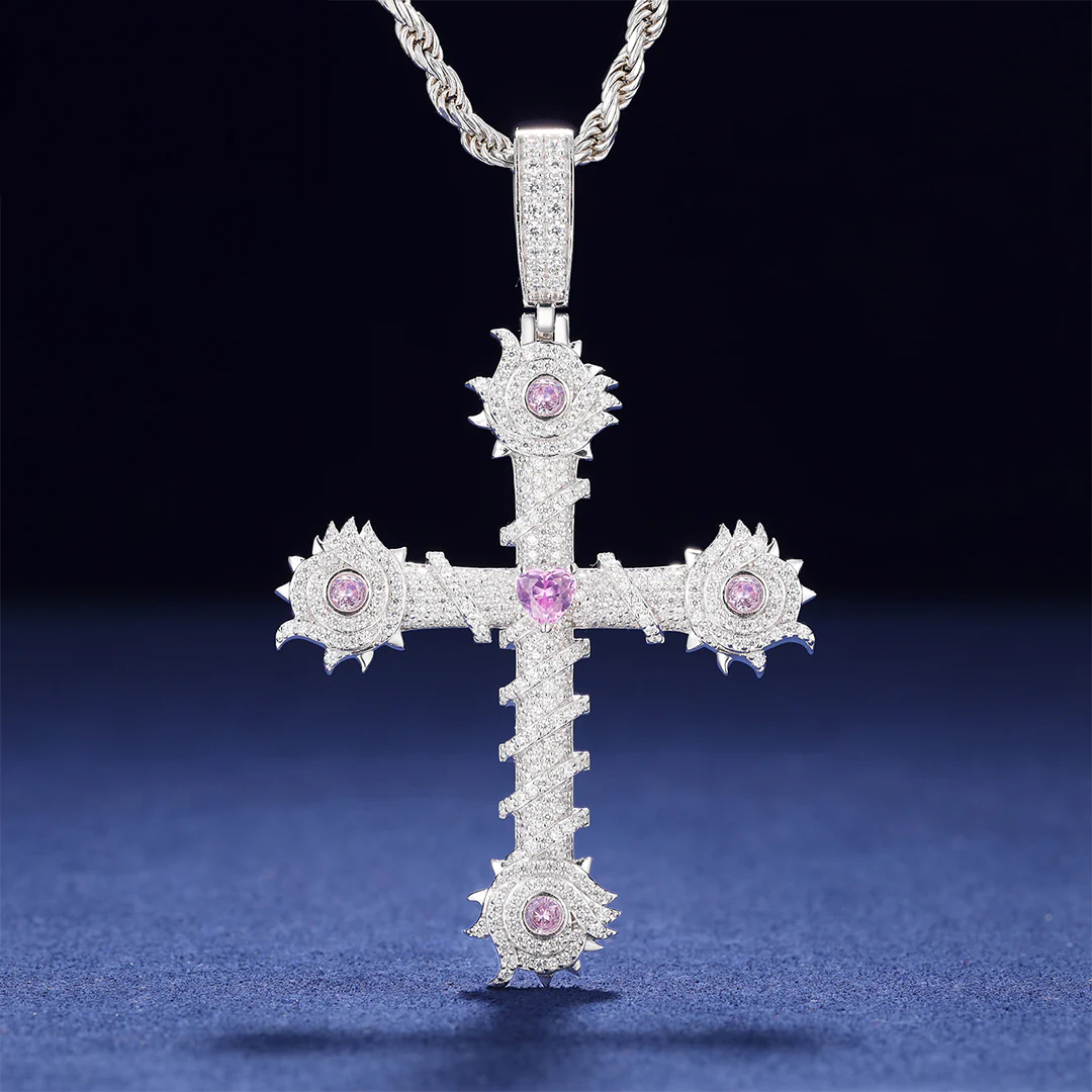 CROSS MOISSANITE THORN PINK CZ PENDANT IN STERLING SILVER - Image 5