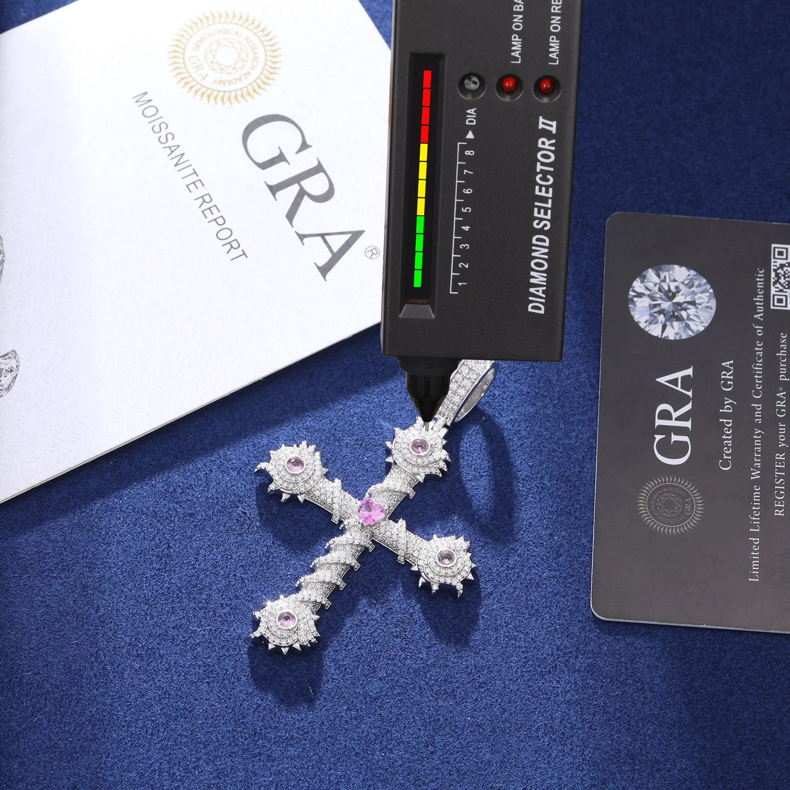 CROSS MOISSANITE THORN PINK CZ PENDANT IN STERLING SILVER - Image 6