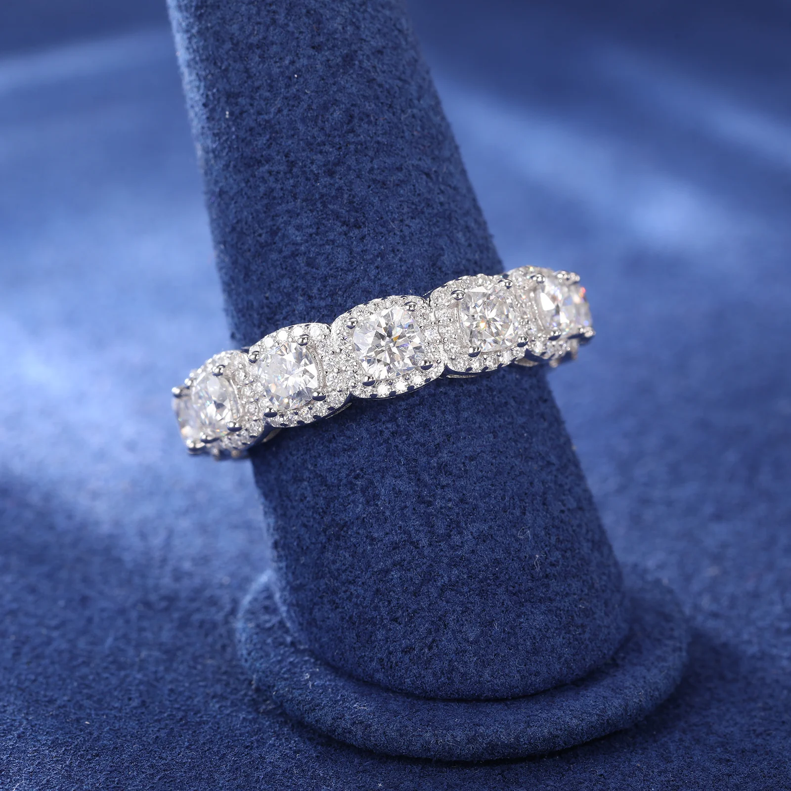 CUSHION CUT MOISSANITE DIAMOND HALO TENNIS ETERNITY RING IN STERLING SILVER - Image 3