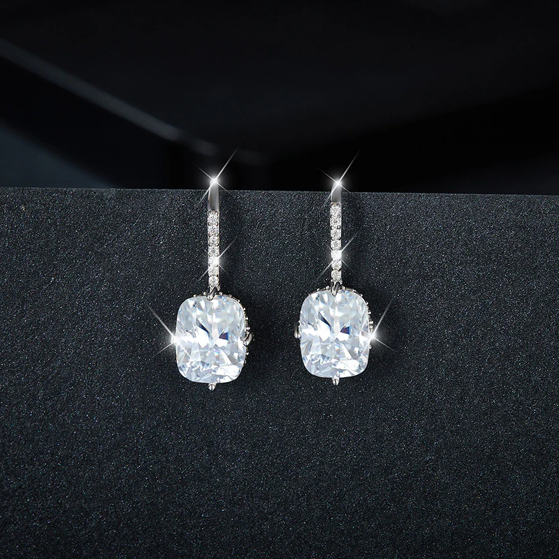 CUSHION CUT MOISSANITE DANGLE DROP EARRINGS IN STERLING SILVER - Image 2