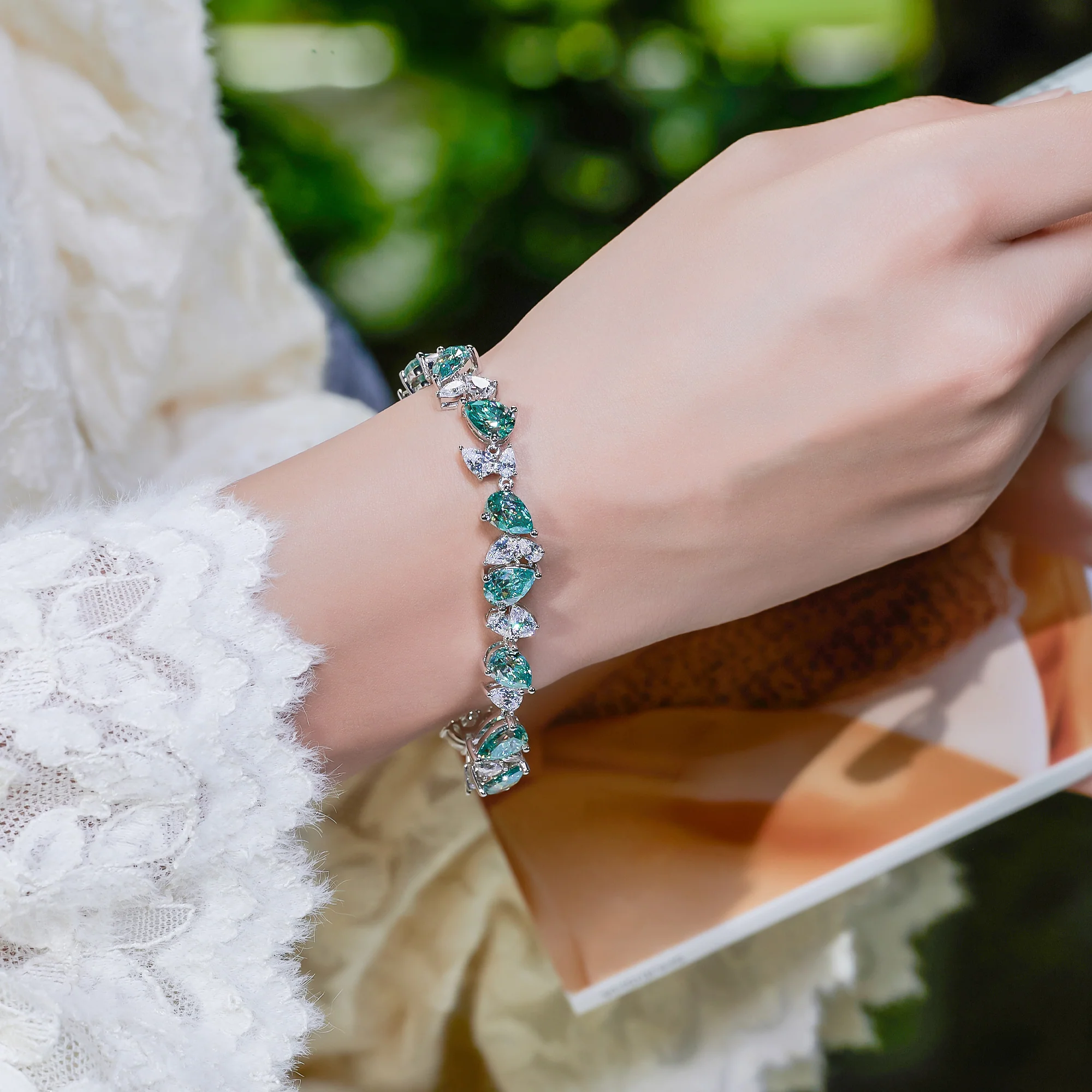CYAN MOISSANITE PEAR CUT BRACELET IN SOLID GOLD - Image 5