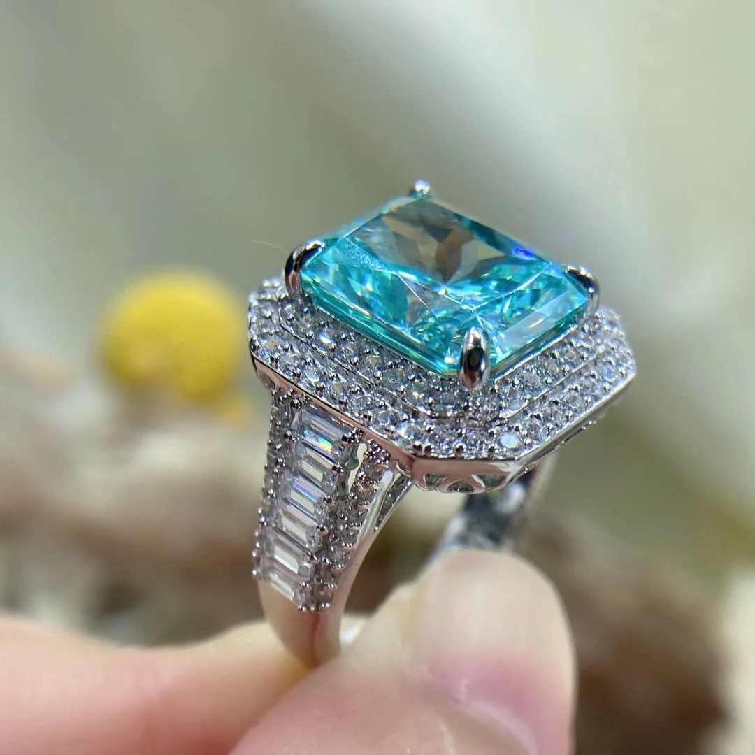 CYAN RADIANT CUT MOISSANITE ENGAGEMENT RING IN STERLING SILVER - Image 3