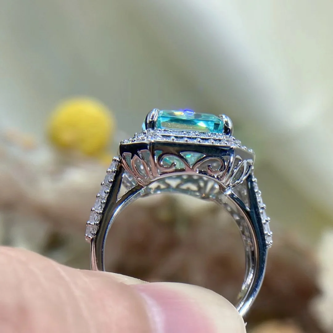 CYAN RADIANT CUT MOISSANITE ENGAGEMENT RING IN STERLING SILVER - Image 4