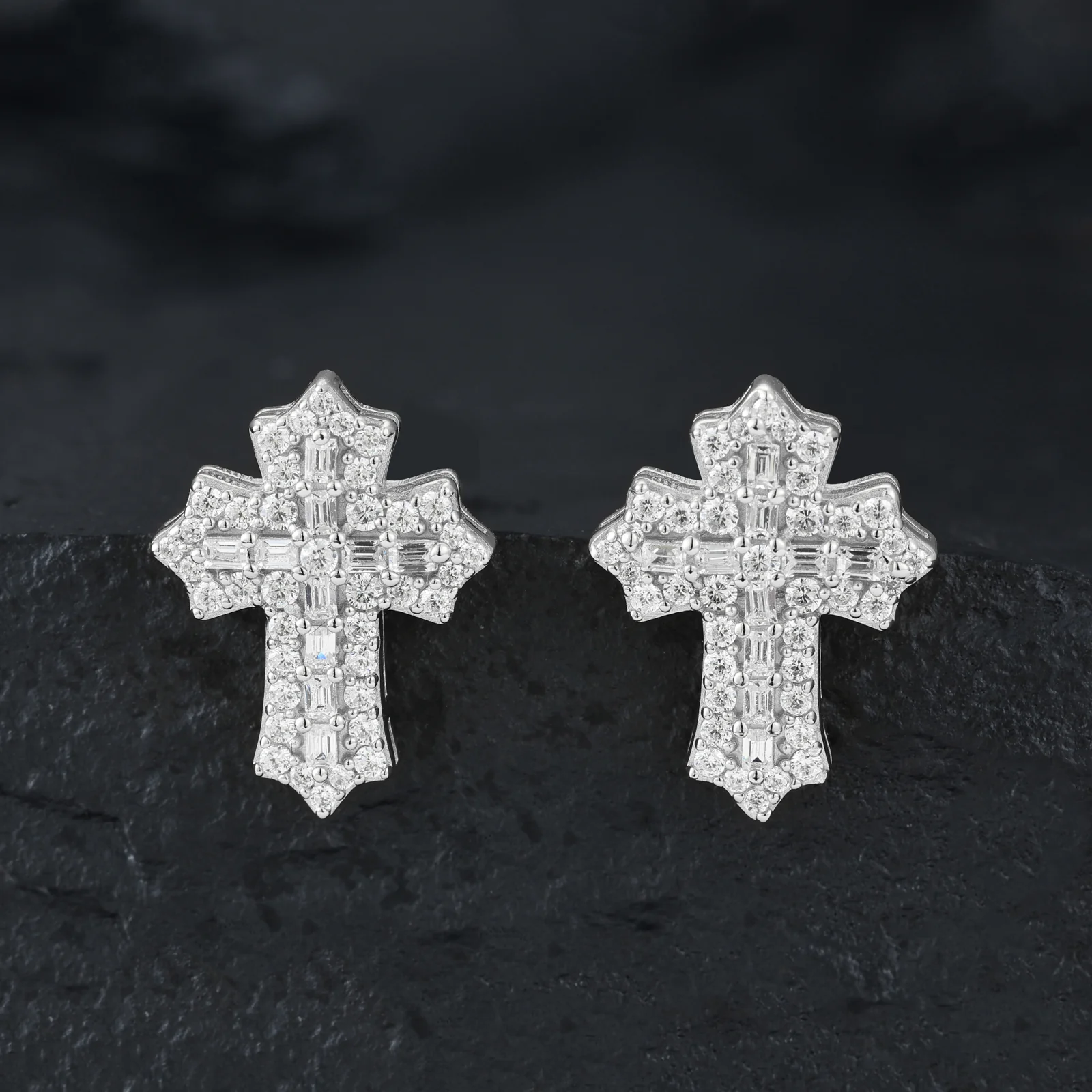 EMERALD CUT MOISSANITE CROSS STUD EARRINGS IN STERLING SILVER - Image 2