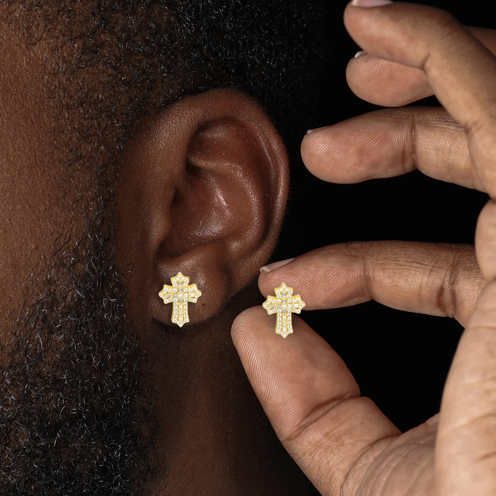 EMERALD CUT MOISSANITE CROSS STUD EARRINGS IN STERLING SILVER - Image 3