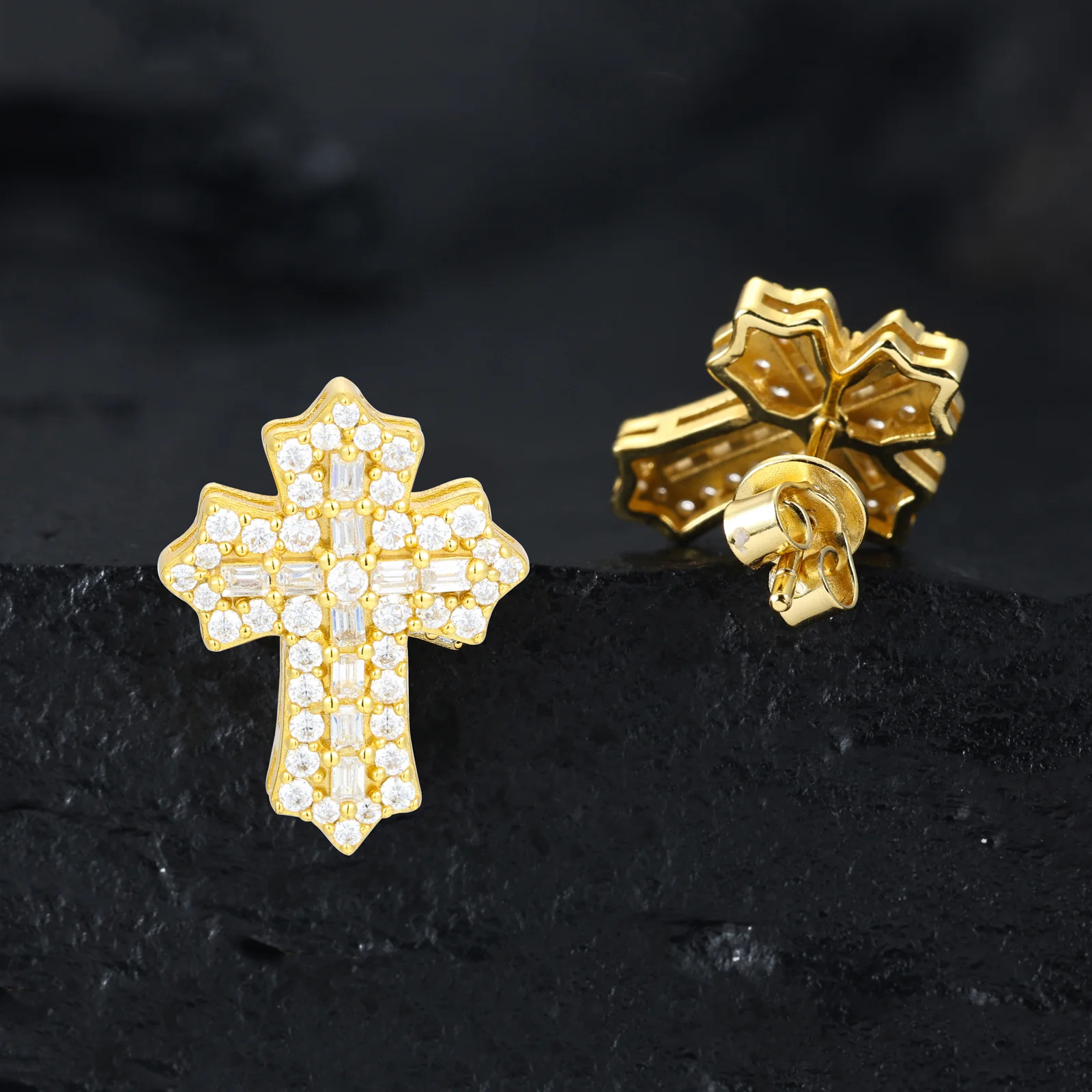 EMERALD CUT MOISSANITE CROSS STUD EARRINGS IN STERLING SILVER - Image 4