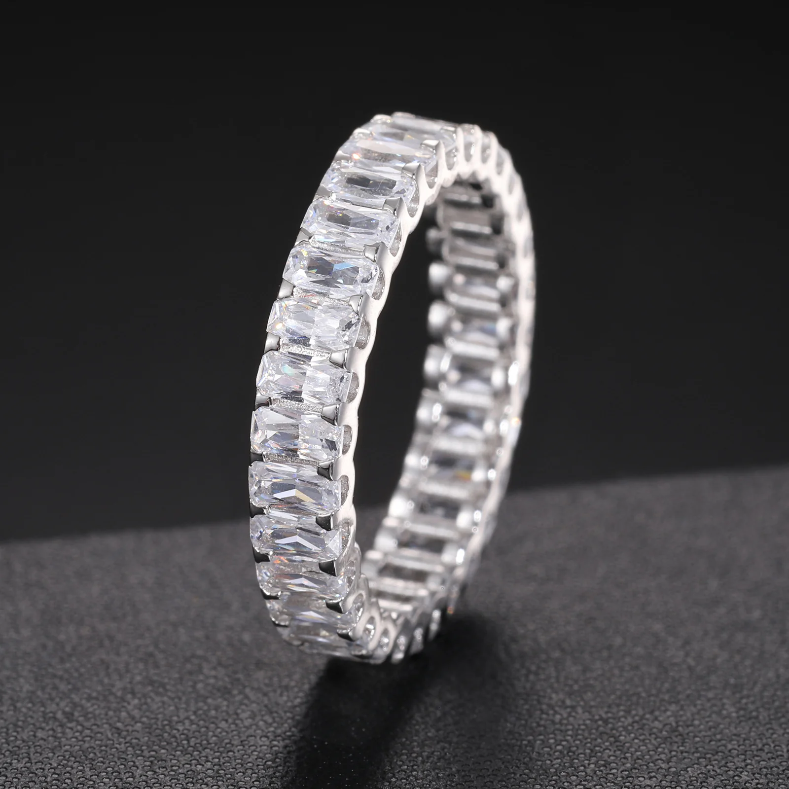 EMERALD CUT MOISSANITE DIAMOND ETERNITY ENGAGEMENT RING IN STERLING SILVER - Image 3