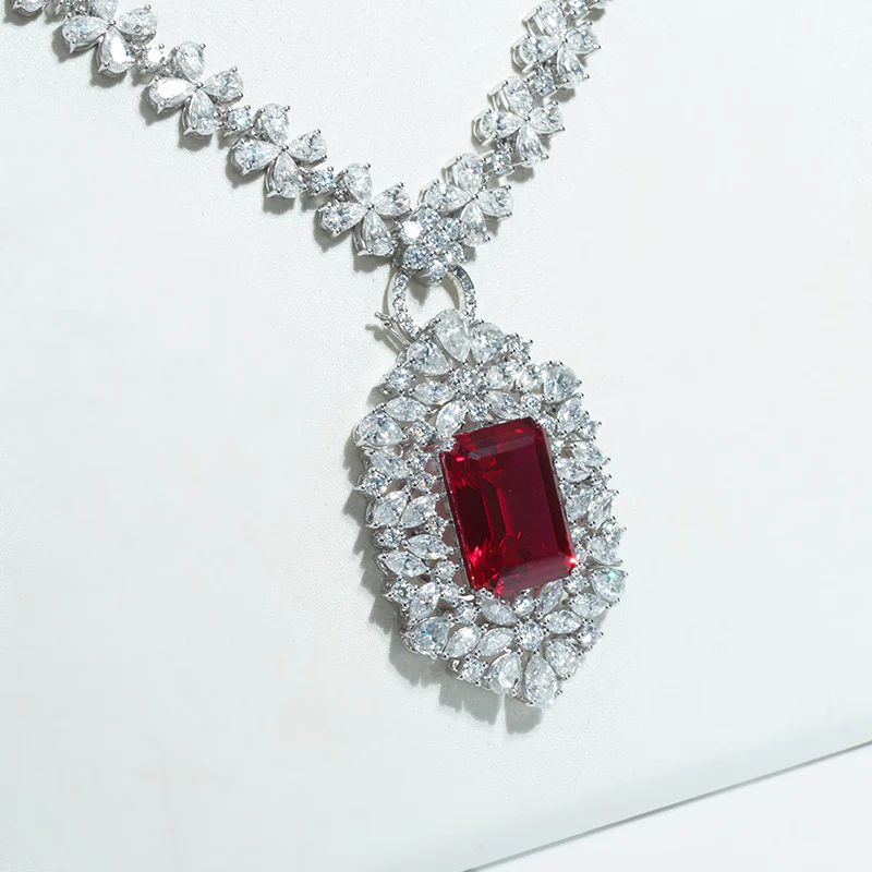 LAB GROWN EMERALD/RUBY/SAPPHIRE GEMSTONE WITH MOISSANITE PENDANT NECKLACE IN 14K GOLD - Image 3