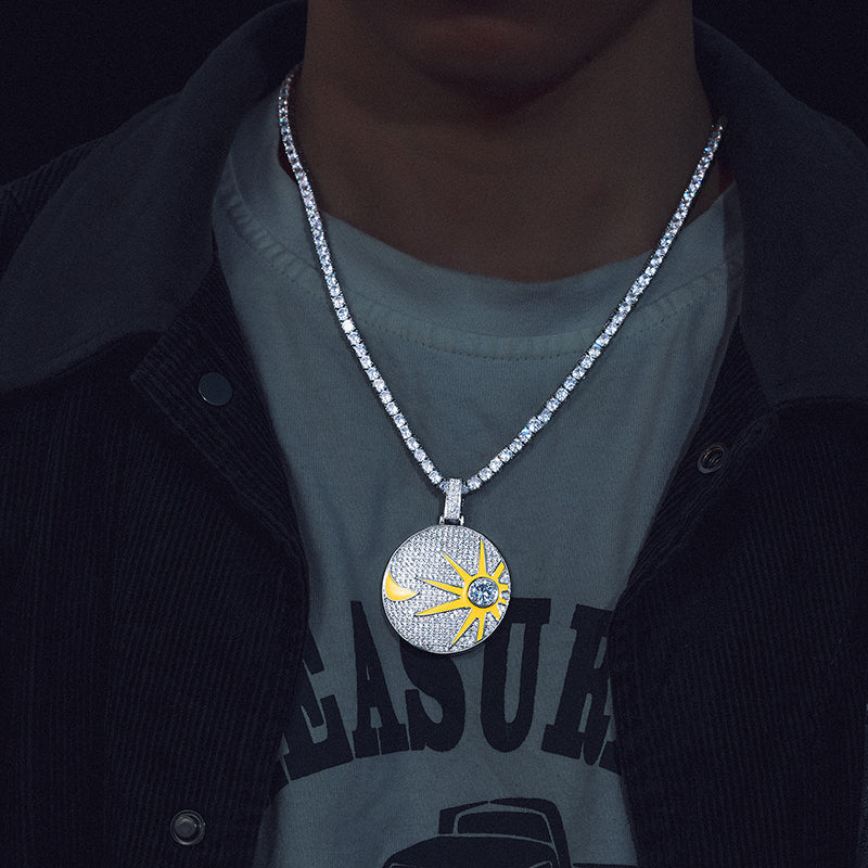 MOISSANITE GLOW IN THE DARK SUN AND MOON COIN PENDANT IN STERLING SILVER - Image 2