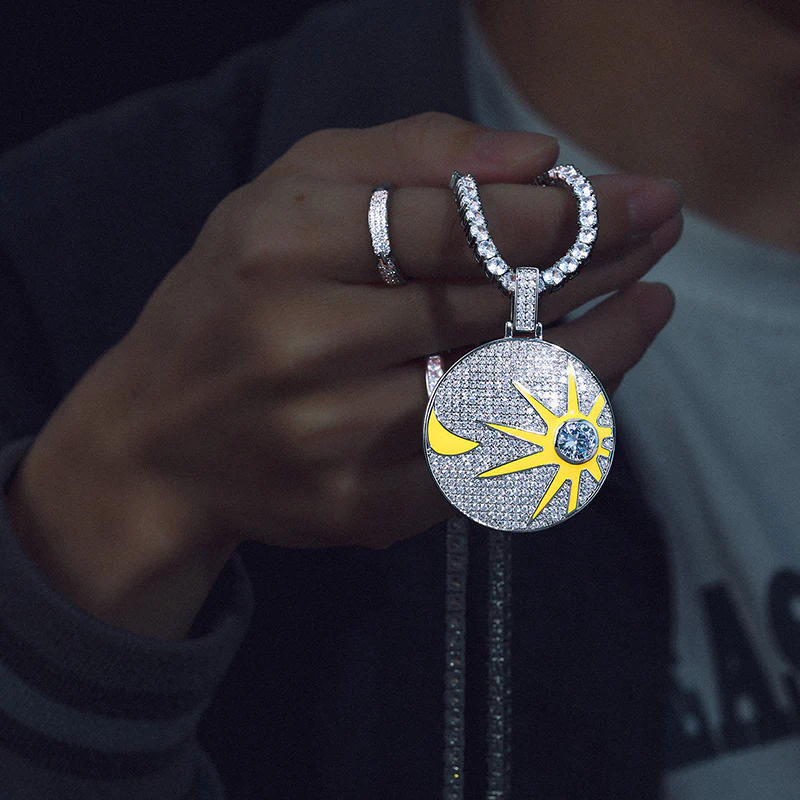 MOISSANITE GLOW IN THE DARK SUN AND MOON COIN PENDANT IN STERLING SILVER - Image 3