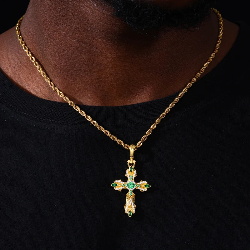 GREEN MOISSANITE PAVE CROSS CHARM PENDANT IN STERLING SILVER - Image 2