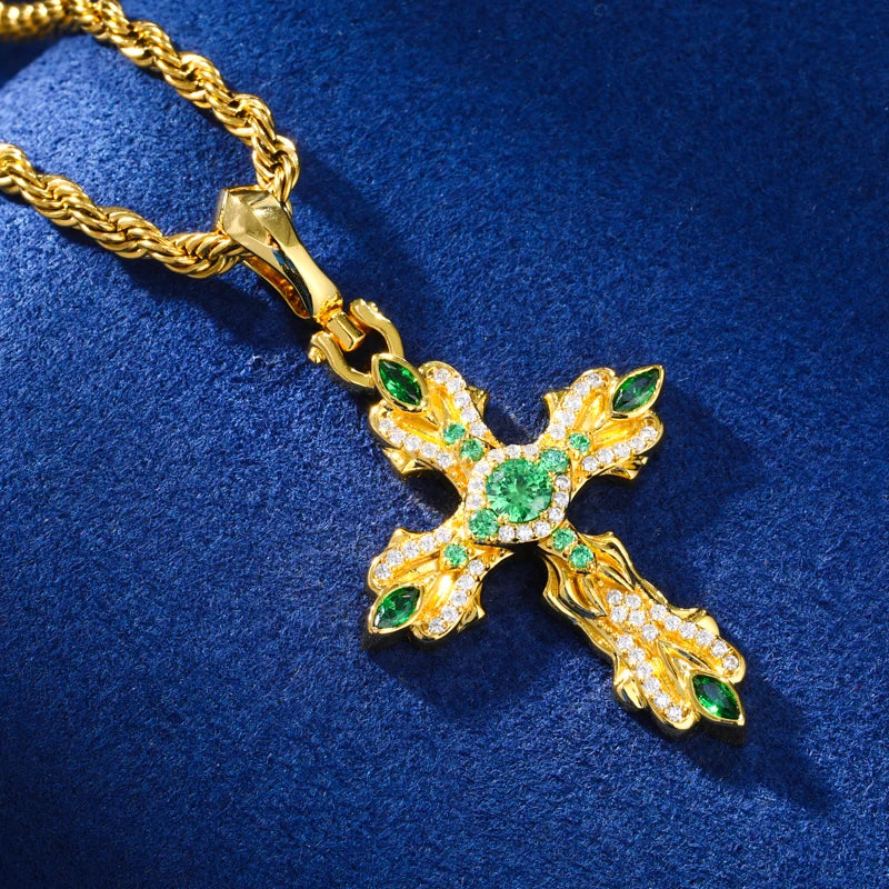 GREEN MOISSANITE PAVE CROSS CHARM PENDANT IN STERLING SILVER - Image 3