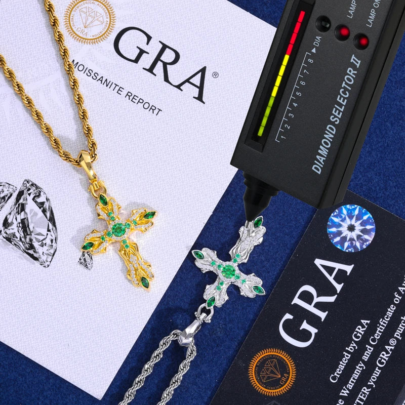GREEN MOISSANITE PAVE CROSS CHARM PENDANT IN STERLING SILVER - Image 5