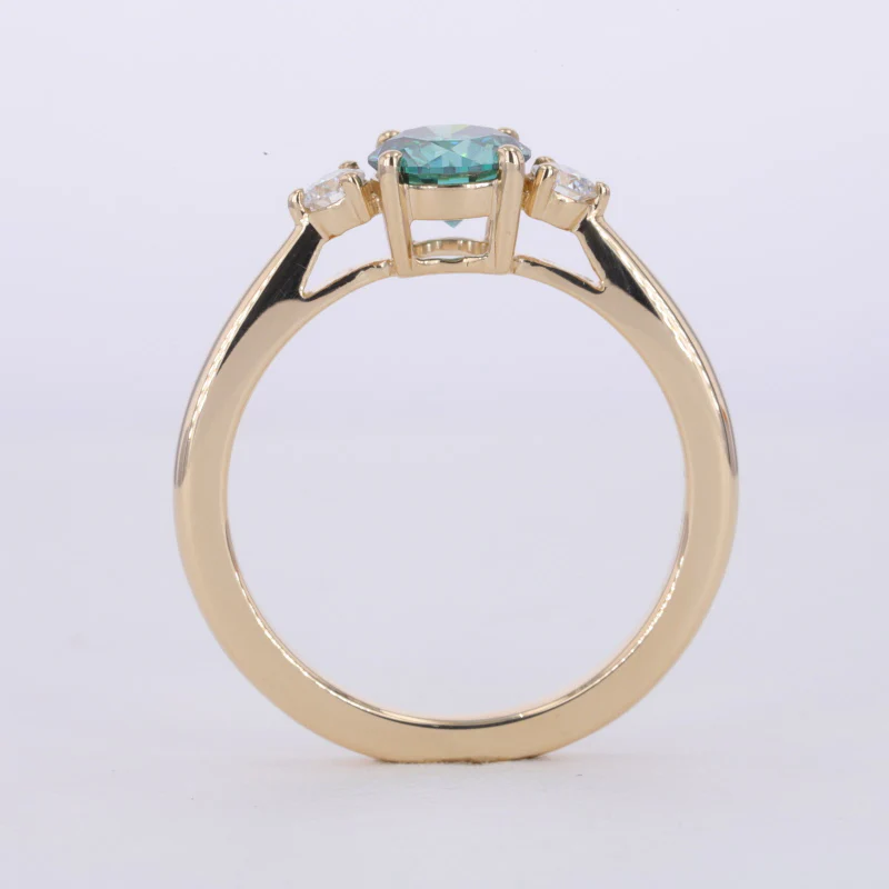 GREEN ROUND CUT MOISSANITE THREE STONE RING IN 14K or 18K GOLD RING - Image 4