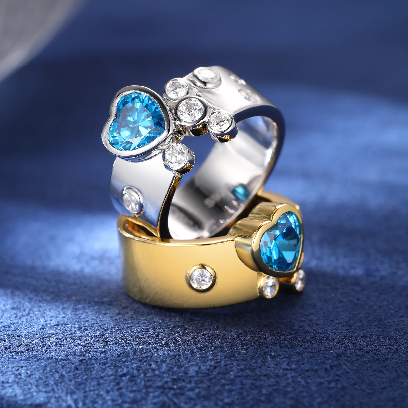HEART CUT BLUE CZ MOISSANITE DIAMOND BAND RING IN STERLING SILVER - Image 4