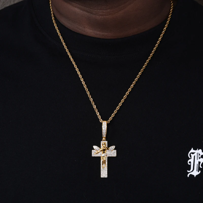 ICED OUT MOISSANITE ANGEL CROSS PENDANT IN STERLING SILVER - Image 4
