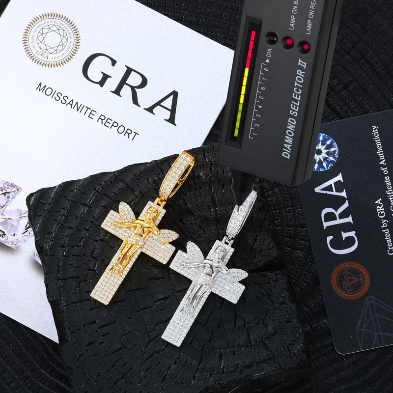 ICED OUT MOISSANITE ANGEL CROSS PENDANT IN STERLING SILVER - Image 5