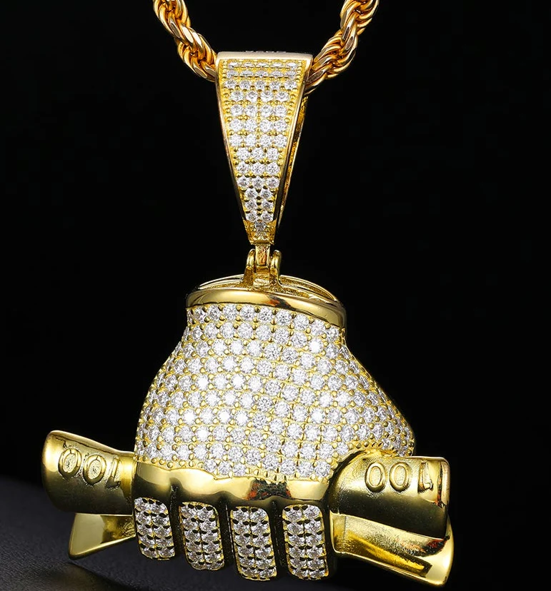 MOISSANITE HAND GRABBING DOLLAR BILL PENDANT IN STERLING SILVER - Image 4