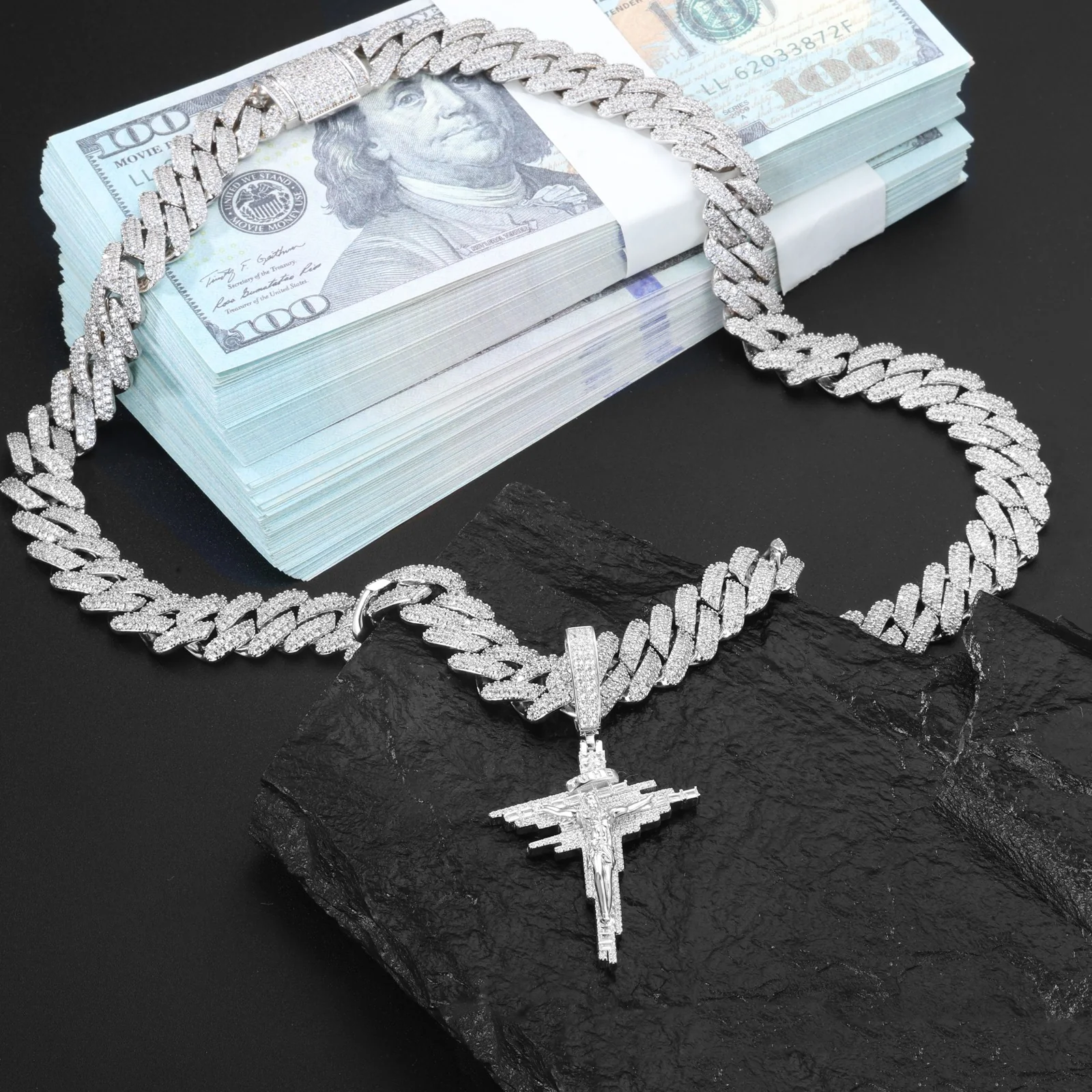 ICED OUT MOISSANITE JESUS CROSS PENDANT IN STERLING SILVER - Image 2