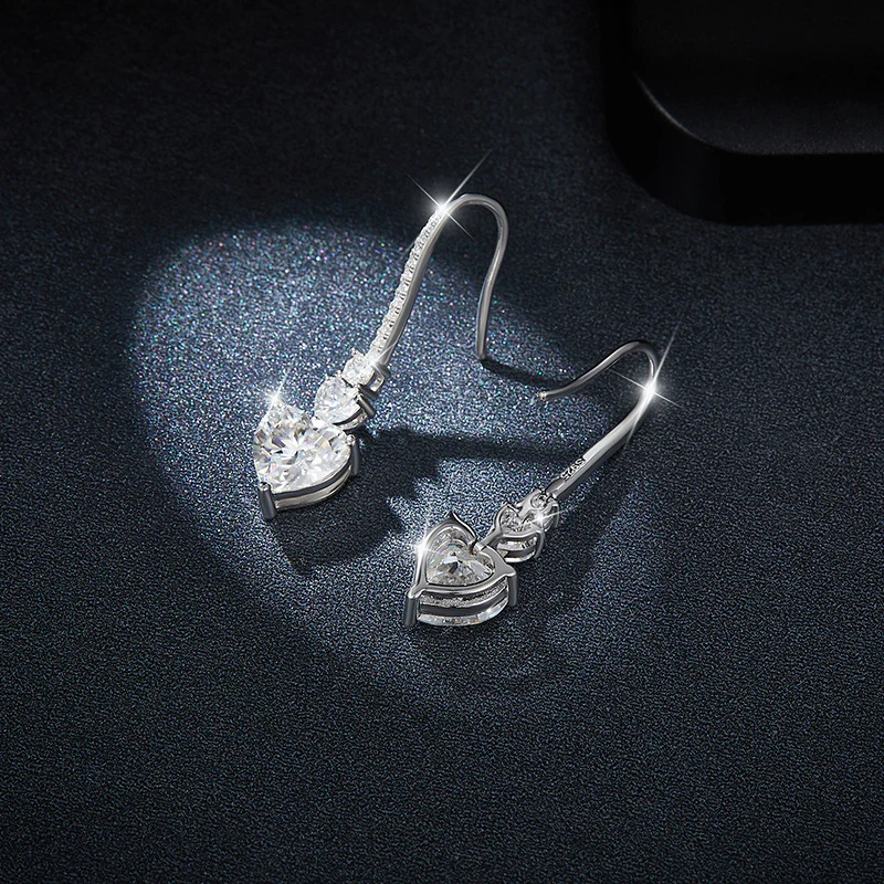 IE00192 HEART SHAPE MOISSANITE DROP EARRINGS IN STERLING SILVER - Image 3