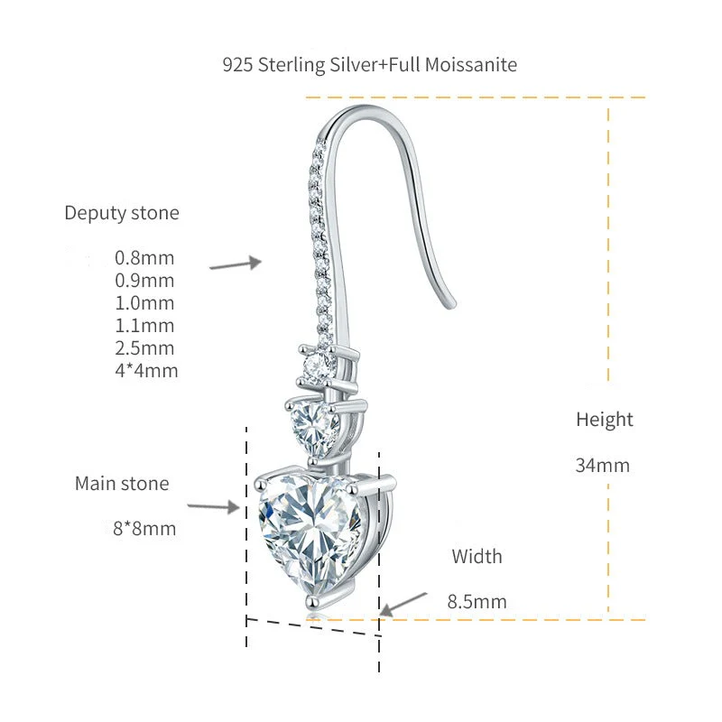 IE00192 HEART SHAPE MOISSANITE DROP EARRINGS IN STERLING SILVER - Image 5