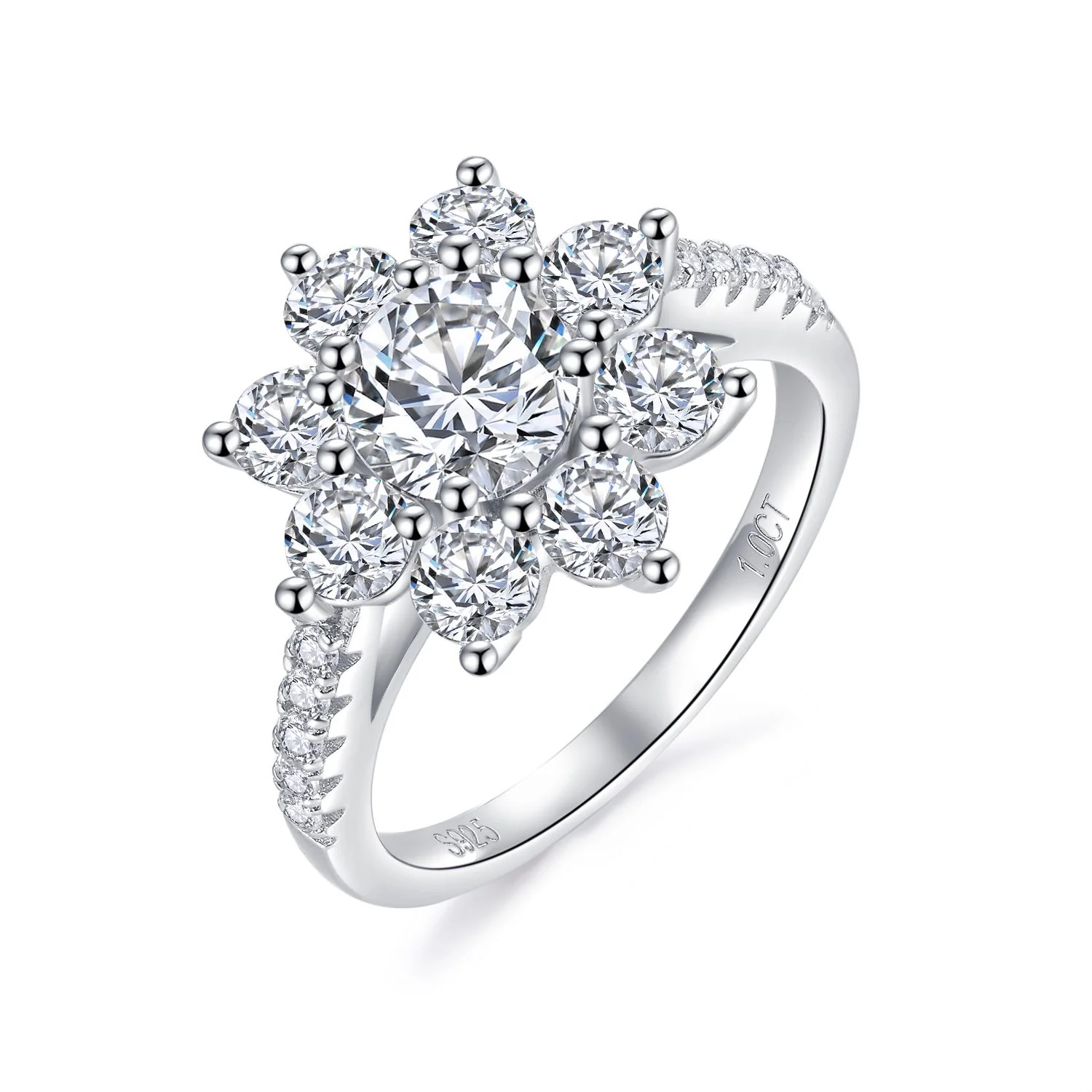 IE0035 6.5MM 1 CARAT FLOWER ROUND CUT MOISSANITE DIAMOND RING IN STERLING SILVER