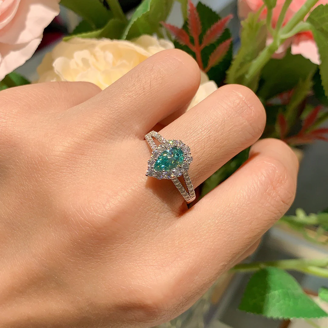 IE0045 BLUE GREEN MOISSANITE PEAR CUT ENGAGEMENT RING IN STERLING SILVER - Image 2