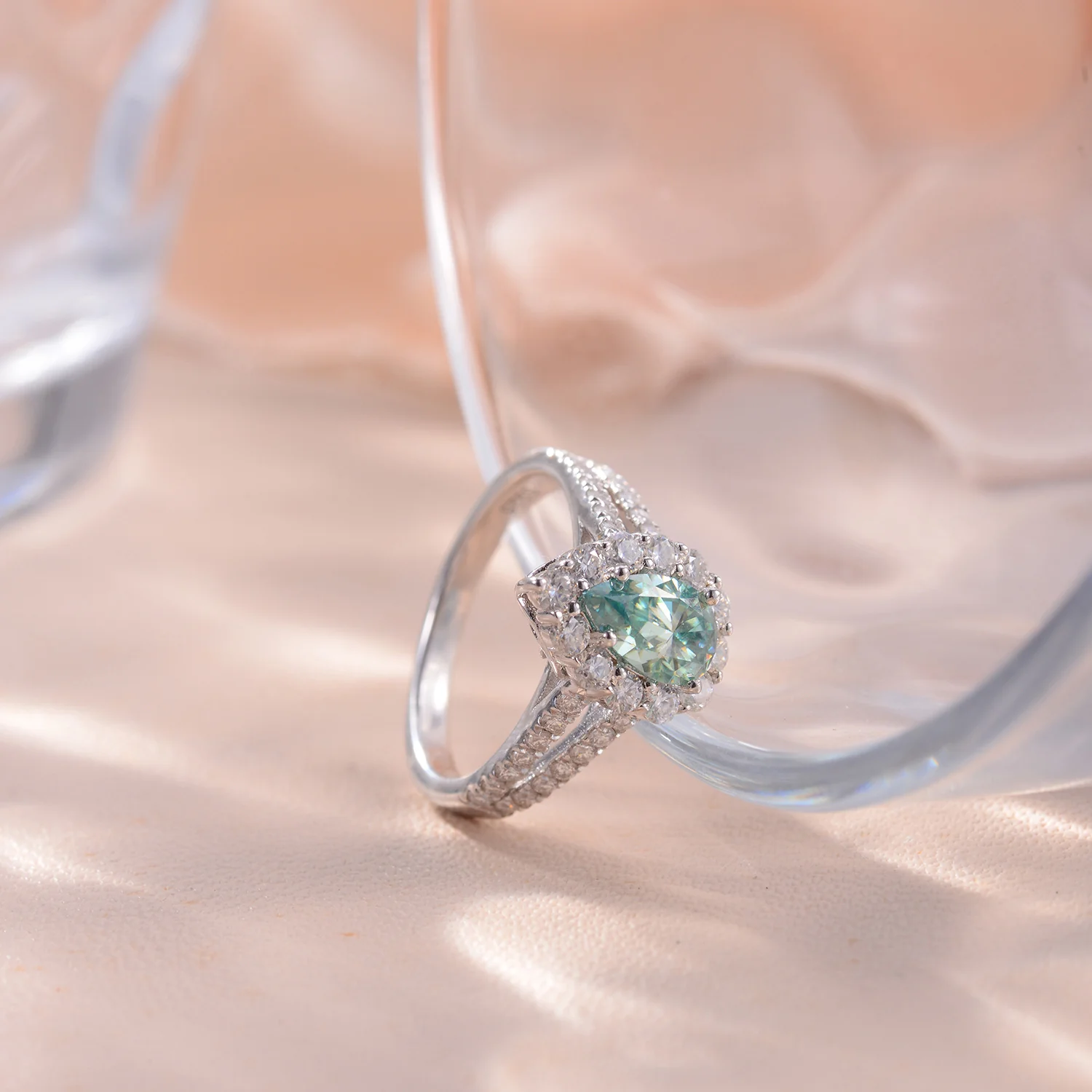 IE0045 BLUE GREEN MOISSANITE PEAR CUT ENGAGEMENT RING IN STERLING SILVER - Image 3