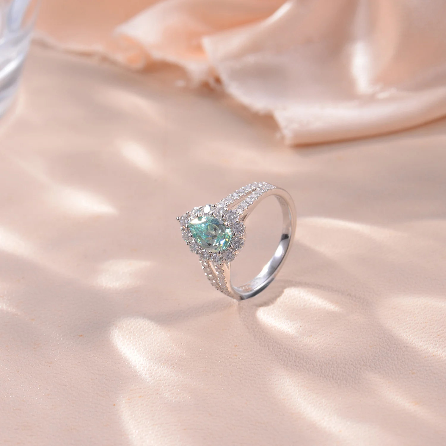 IE0045 BLUE GREEN MOISSANITE PEAR CUT ENGAGEMENT RING IN STERLING SILVER - Image 4