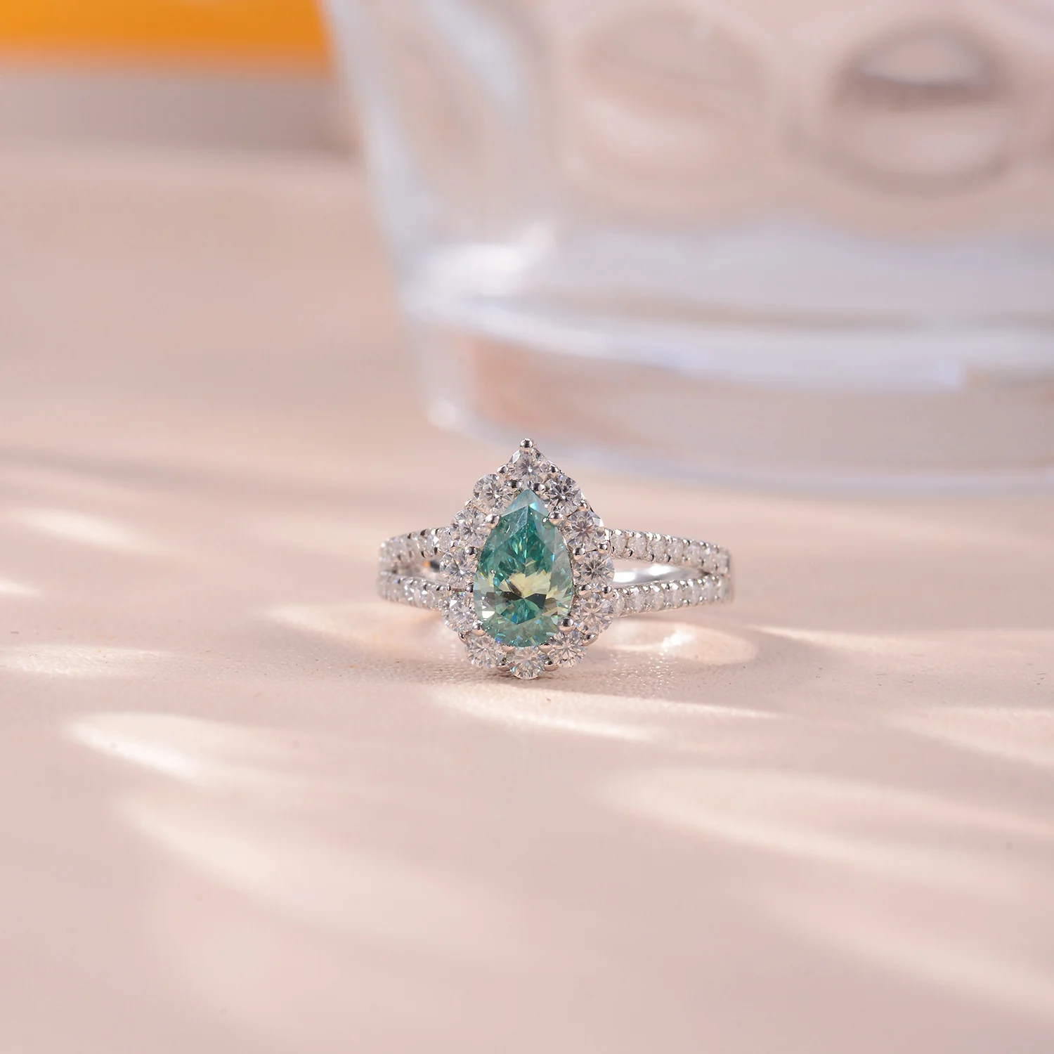 IE0045 BLUE GREEN MOISSANITE PEAR CUT ENGAGEMENT RING IN STERLING SILVER - Image 5