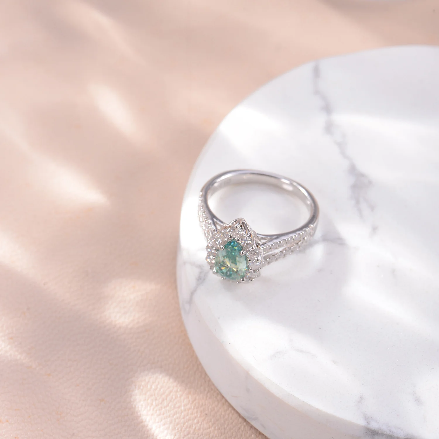 IE0045 BLUE GREEN MOISSANITE PEAR CUT ENGAGEMENT RING IN STERLING SILVER - Image 6