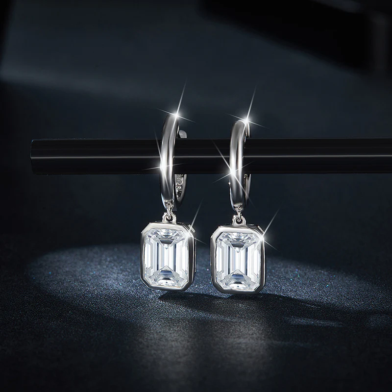 IE0048 EMERALD CUT MOISSANITE DIAMOND HOOP EARRINGS IN STERLING SILVER - Image 4