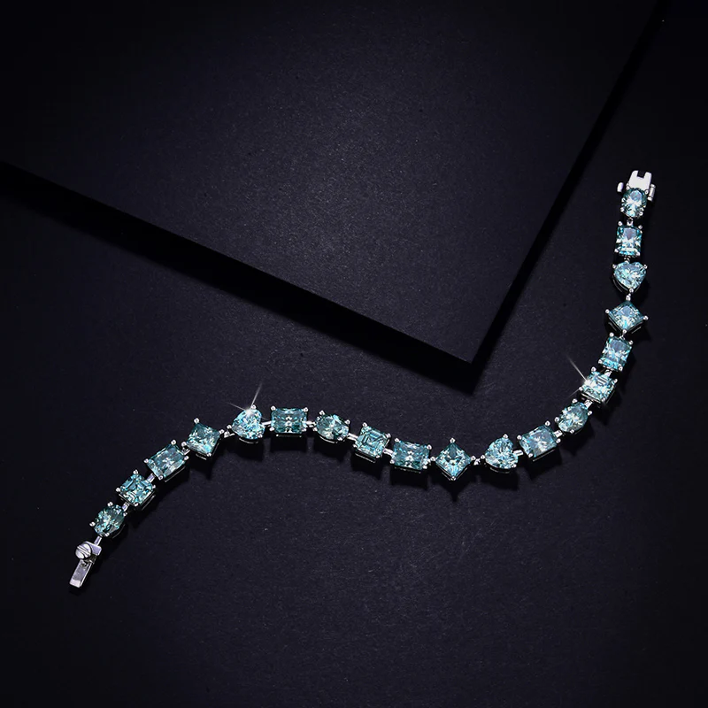 GREEN MOISSANITE PRINCESS SQUARE HEART EMERALD OVAL LINK CHAIN BRACELET IN STERLING SILVER - Image 4