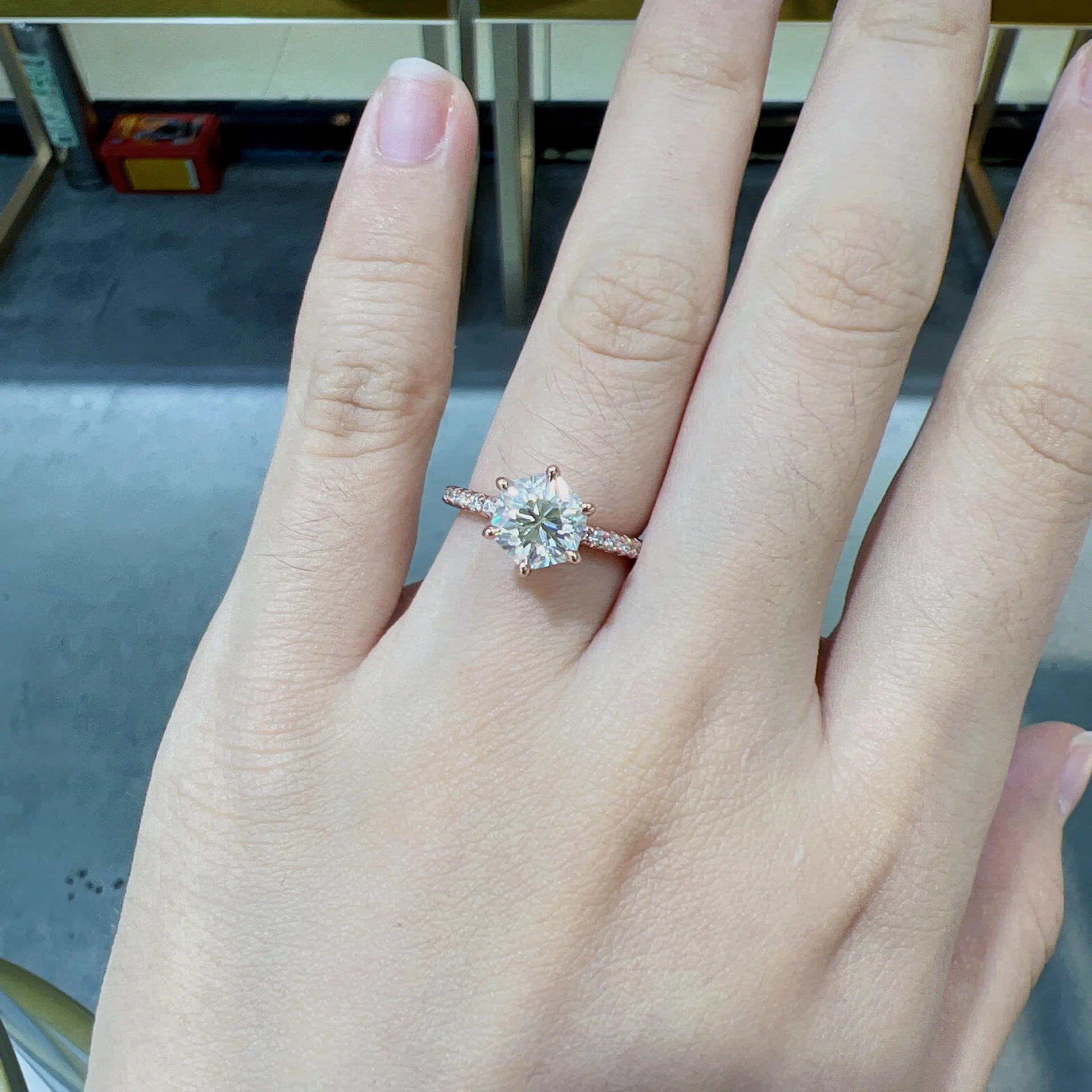 IE0107 HEXAGON CUT MOISSANITE ENGANGEMENT RING IN STERLING SILVER - Image 5