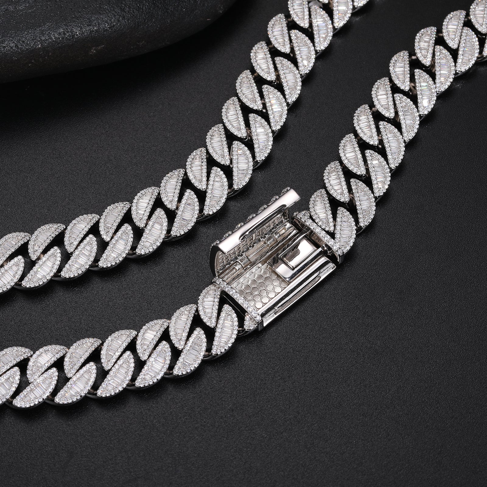 IE0150 15MM BAGUETTE MOISSANITE CUBAN LINK CHAIN NECKLACE IN STERLING SILVER - Image 4