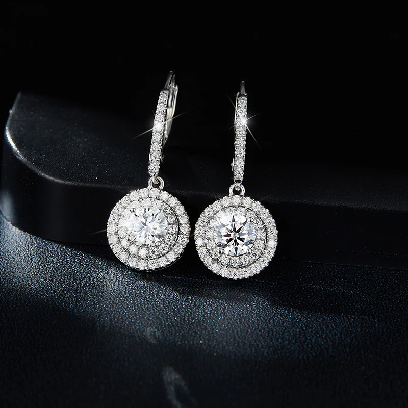 IE0150 HALO DROP MOISSANITE DIAMOND EARRINGS IN STERLING SILVER {STYLE 2} - Image 2
